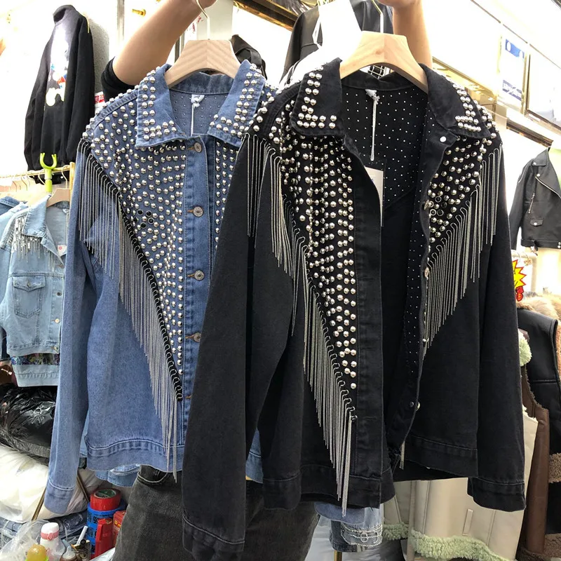 Женская джинсовая куртка с длинным рукавом черная Свободная в стиле бойфренд