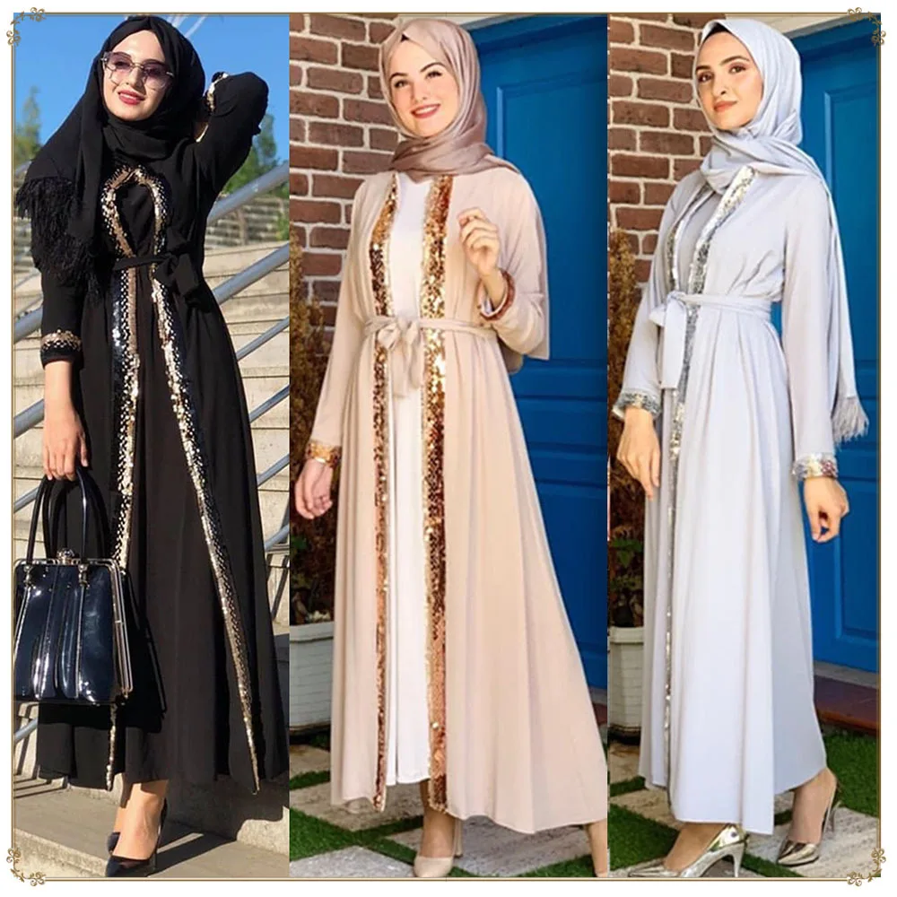 Дубай открытые Abayas для женщин турецкий химар с блестками мусульманское платье Рамадан цзилбаб хиджаб длинное платье женская мусульманская...
