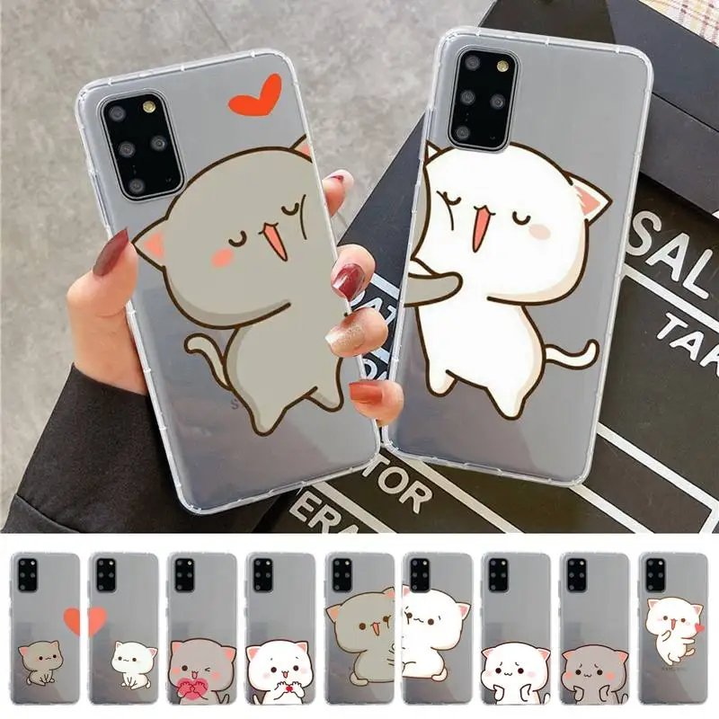 

Peach cat cute cartoon couple Phone Case For Samsung A 10 20 30 50s 70 51 52 71 4g 12 31 21 31 S 20 21 plus Ultra