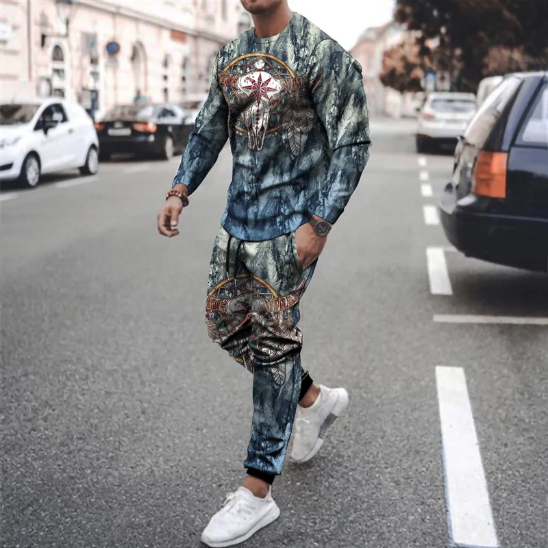 

2021 New Space Cat Digital Printing Men's Round Neck Sports Sweater Suit Sweatshirt Two-Piece Large Size Casual Sportswear