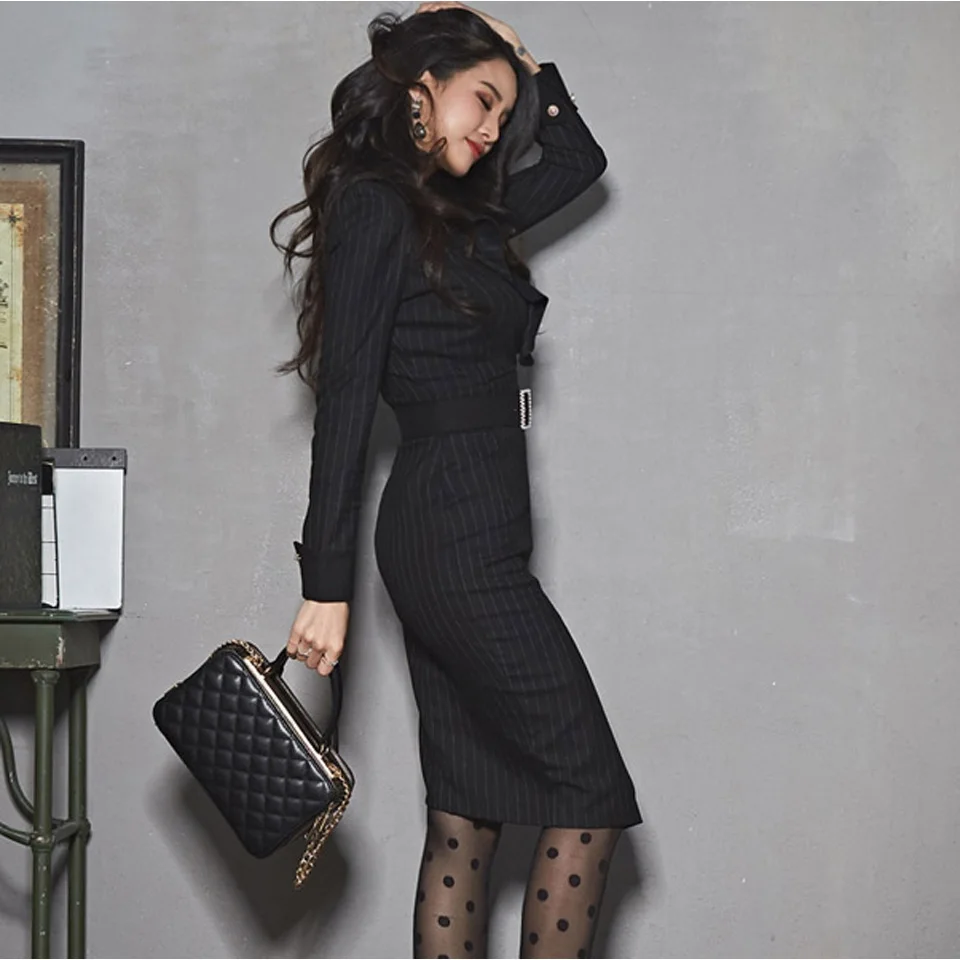 Office Lady Dress Autumn High Waist Slim Striped Stitching Black Long Sleeve V-Neck Ruffle Elegant Party Dress Women