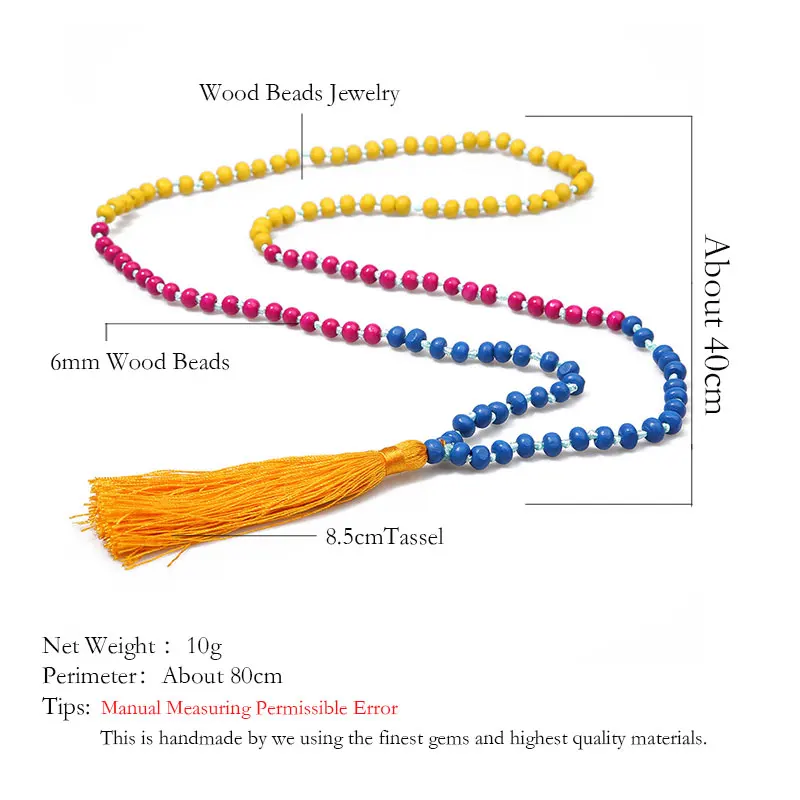 

Boho Style Colored Wooden Beads Knotted Tassel Necklace Meditation Declaration Prayer Fashion Jewelry Charm Women Yoga