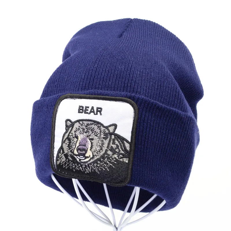 Вязаная Шапка-бини с вышивкой медведя Мужская однотонная осенне-зимняя вязаная