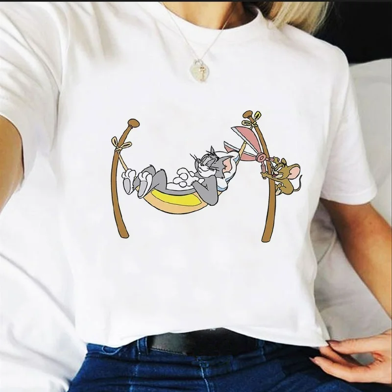 

Fashion Summer Cartoon Anime Cat Print Funny Men and Women with The Same Mouse Pattern Round Neck Pink T-shirt Short Sleeves