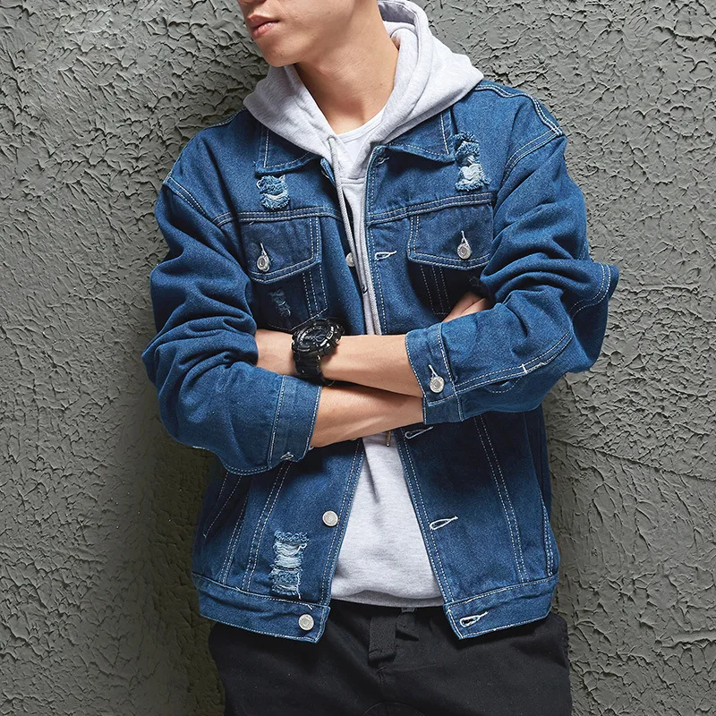 

2020 men autumn new tide easing young handsome denim jacket hole in fashion denim jacket