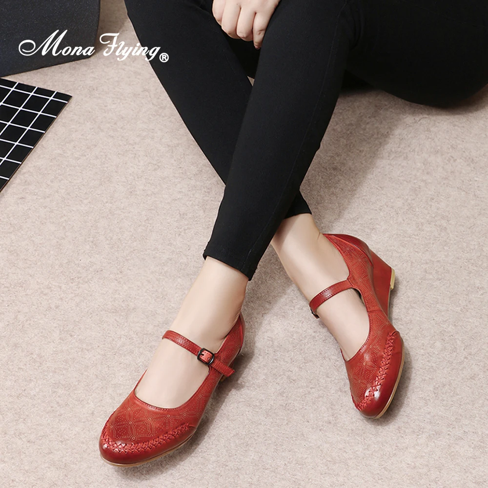 Мона Летающий женская обувь из натуральной кожи в стиле Мэри Джейн туфли на
