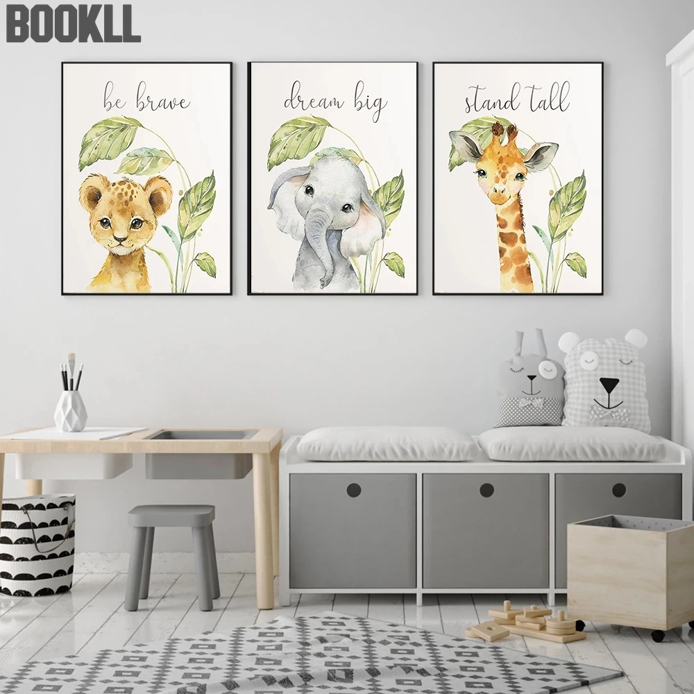 

Nursery Room Animal Prints and Posters Inspirational Quote Giraffe Lion Elephant Be Brave Dream Big Stand Tall Canvas Pictures