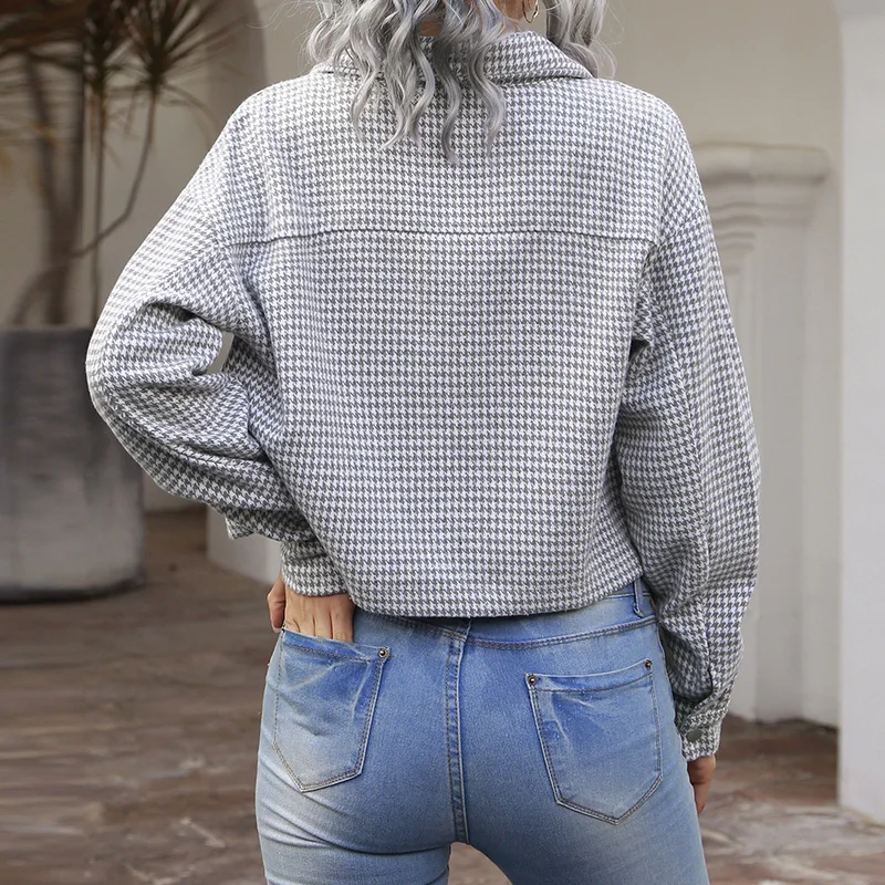 

2021 Fashion Casual Plaid Pritned Long Sleever Short Women Blouse Winter Clothes Women Open Stitch Drop Shipping