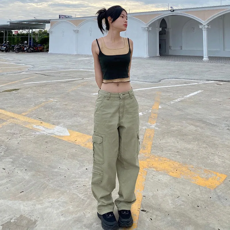 Vintage Low Rise Jeans Cargo Pants Women Denim Trousers Y2K Pocket 90s Aesthetics Loose Korean Fashion Egirl Wide Leg Streetwear