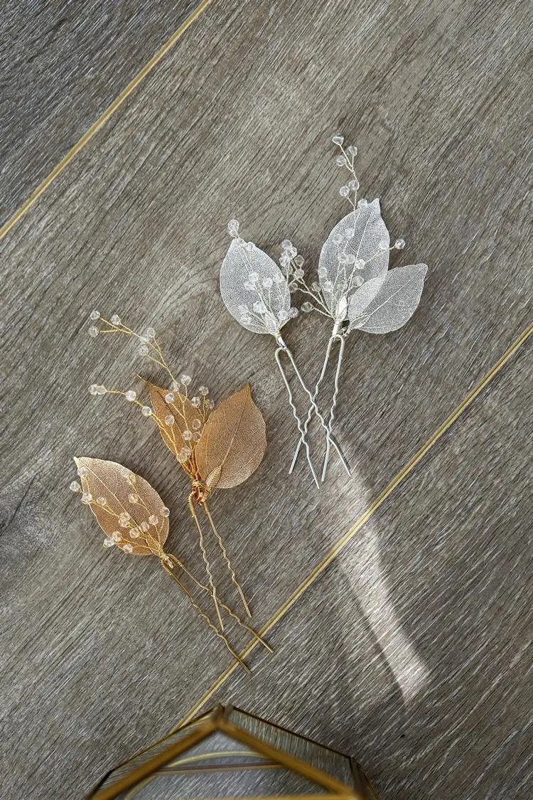 Заколки для волос в виде листьев золотого и серебряного цветов|Украшения волос| |