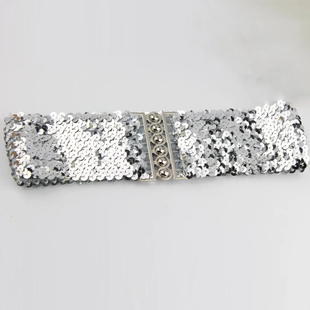 Women Fashion sequins Belt Straps Sequin Elastic Waistband Buckle Wide Stretch Belts Casual Corset Strap Dress Decor New |
