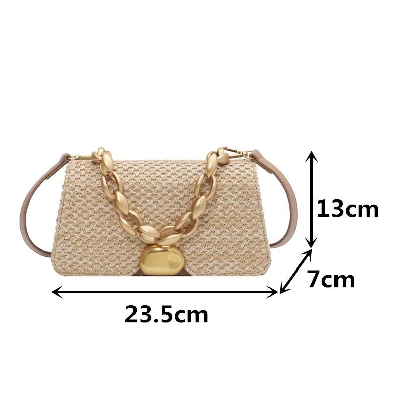 

Summer Style Straw Tote Bags Luxury Brand Women's Handbag Small Flap Shoulder Bag Ladies Metal Chain Crossbody Messenger Bag Sac