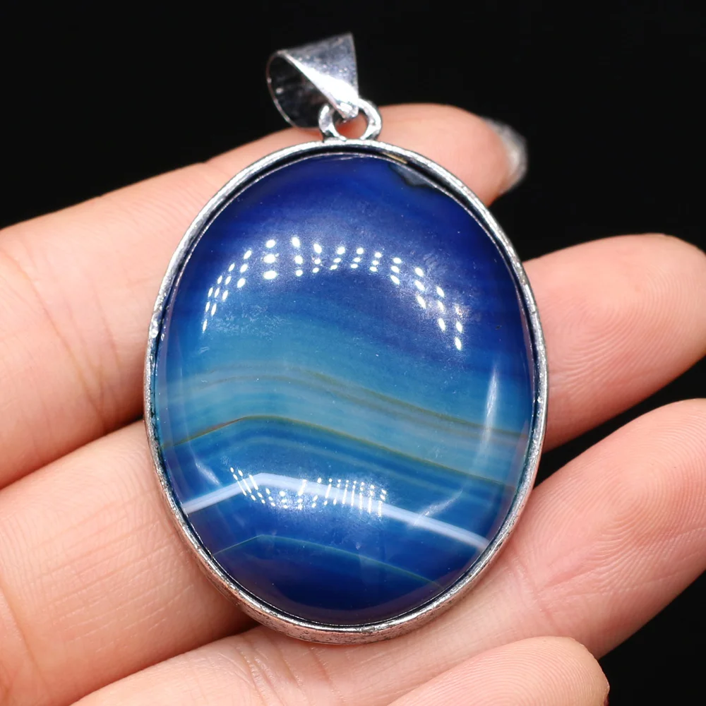 

Natural Stone Agates Pendants Oval Shape Silver-plated Stripe Agates Crystal for DIY Necklace Earrings Jewelry Making Gift