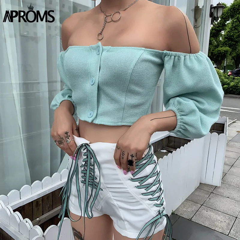 Aproms, эластичный топ с открытыми плечами и пуговицами, сексуальный вязаный укороченный Топ для женщин, уличная одежда, блузка с рукавами-фонариками, рубашка,, элегантная женская блуза
