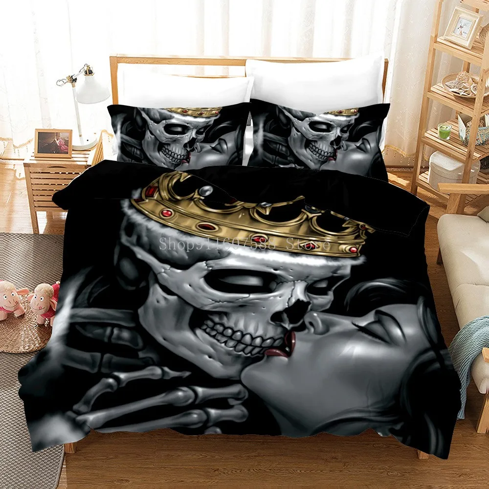 

New Skull Duvet Cover Set 240x220cm King Size Bedding Sets Pillowcase Double Queen Skeleton Quilt Cover Set Custom