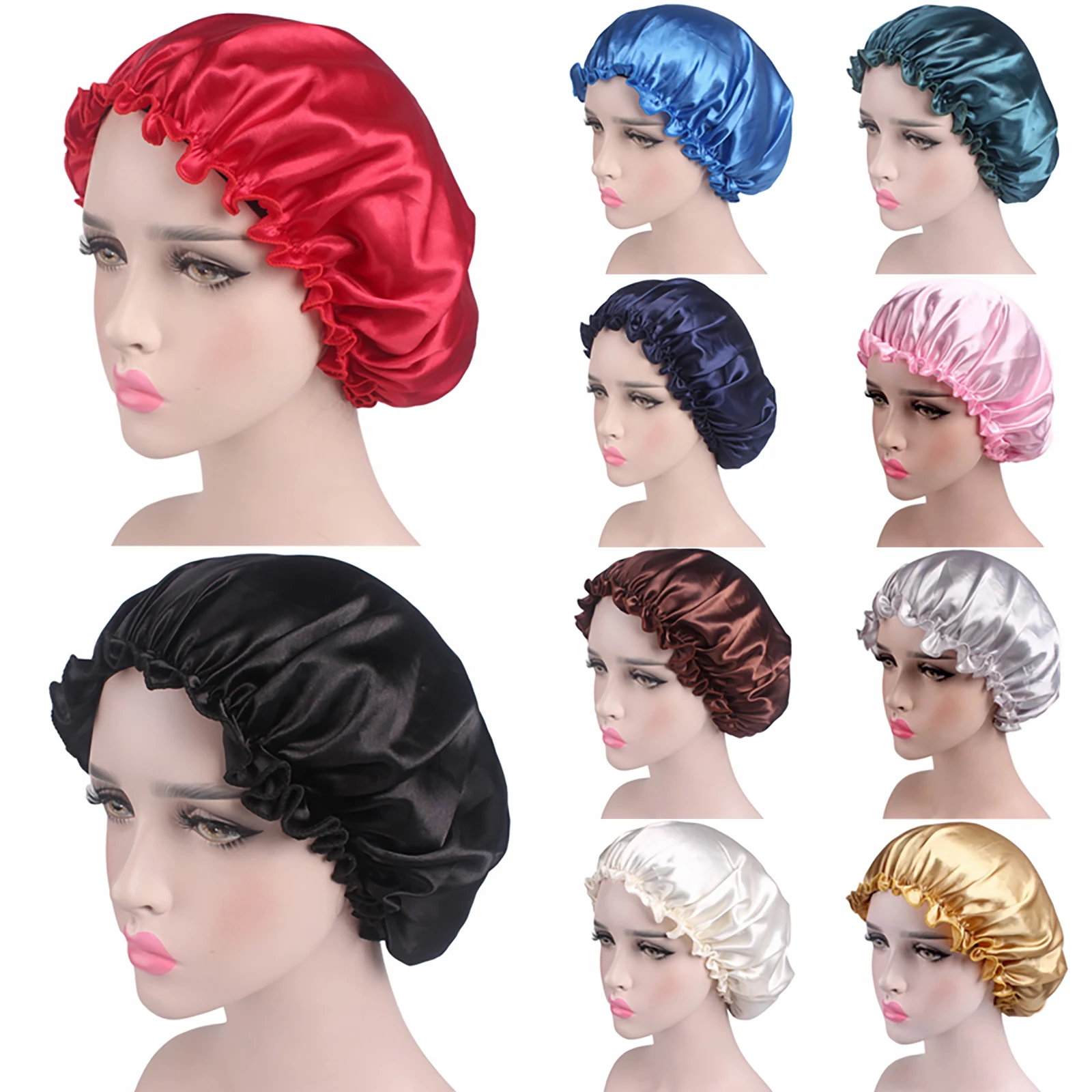 

Hats for Women Bonnets Adult Shower Caps Wide Elastic Band Women Satin Night Sleep Hair Bonnet Hat Solid Color Head Cover