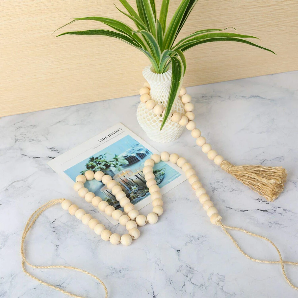 

Natural Wooden Bead Garland Set with Tassels Farmhouse Rustic Country Decoration Boho Macrame Wall Hanging Ornament Home Decor