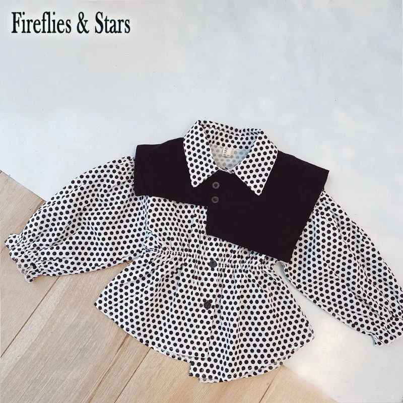 

Весенне-осенняя Блузка + жилет для девочек, детская рубашка, детские топы, детская одежда, модная стрейчевая блузка в горошек с рюшами