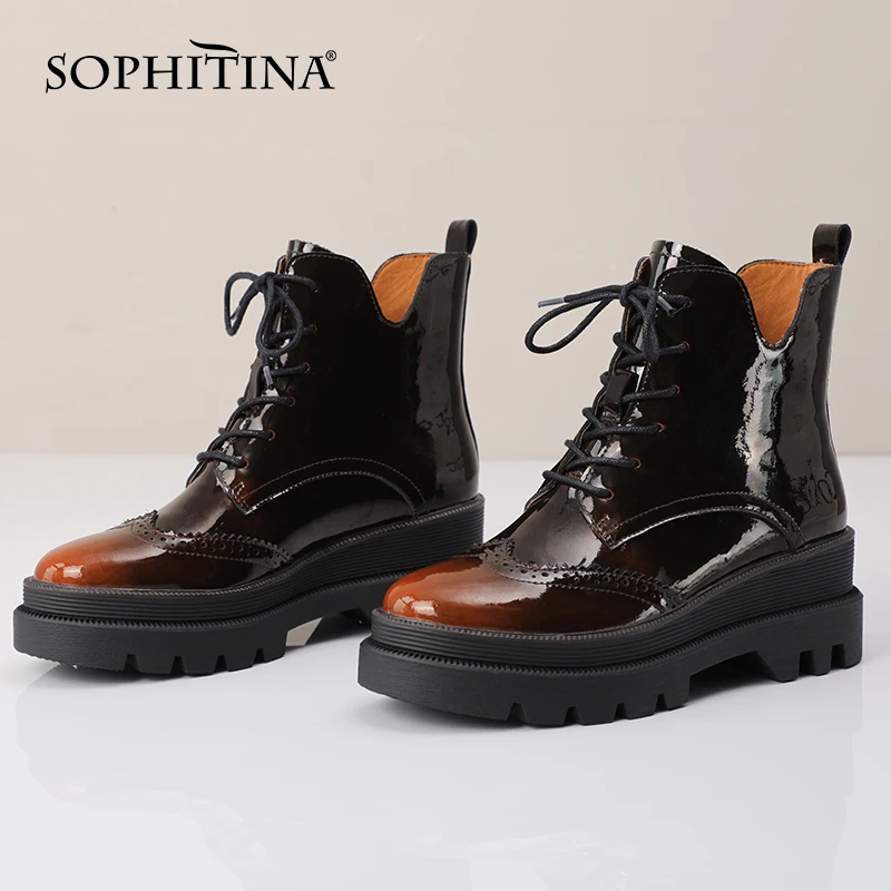 Jual SOPHITINA Platform Sepatu Wanita Gradien Warna Paten Kulit Cross-Tied Boots Round Toe Mid Tumit Kasual Wanita Semata Kaki MO795
