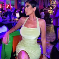 y2k sexy halter backless solid mini dress girl green night club party clothing summer folds elegant bodycon dress for women