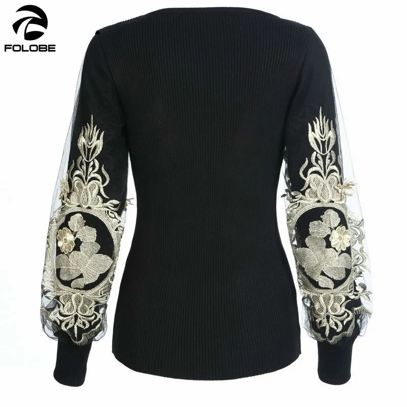 Осенне-зимний свитер с вышивкой золотой пуловер круглым вырезом и длинными
