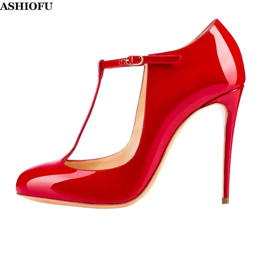 ASHIOFU New Hot Sale Handmade Ladies High Heel Pumps T-strap Patent Leather Party Dress Shoes Plus Size Evening Fashion Shoes