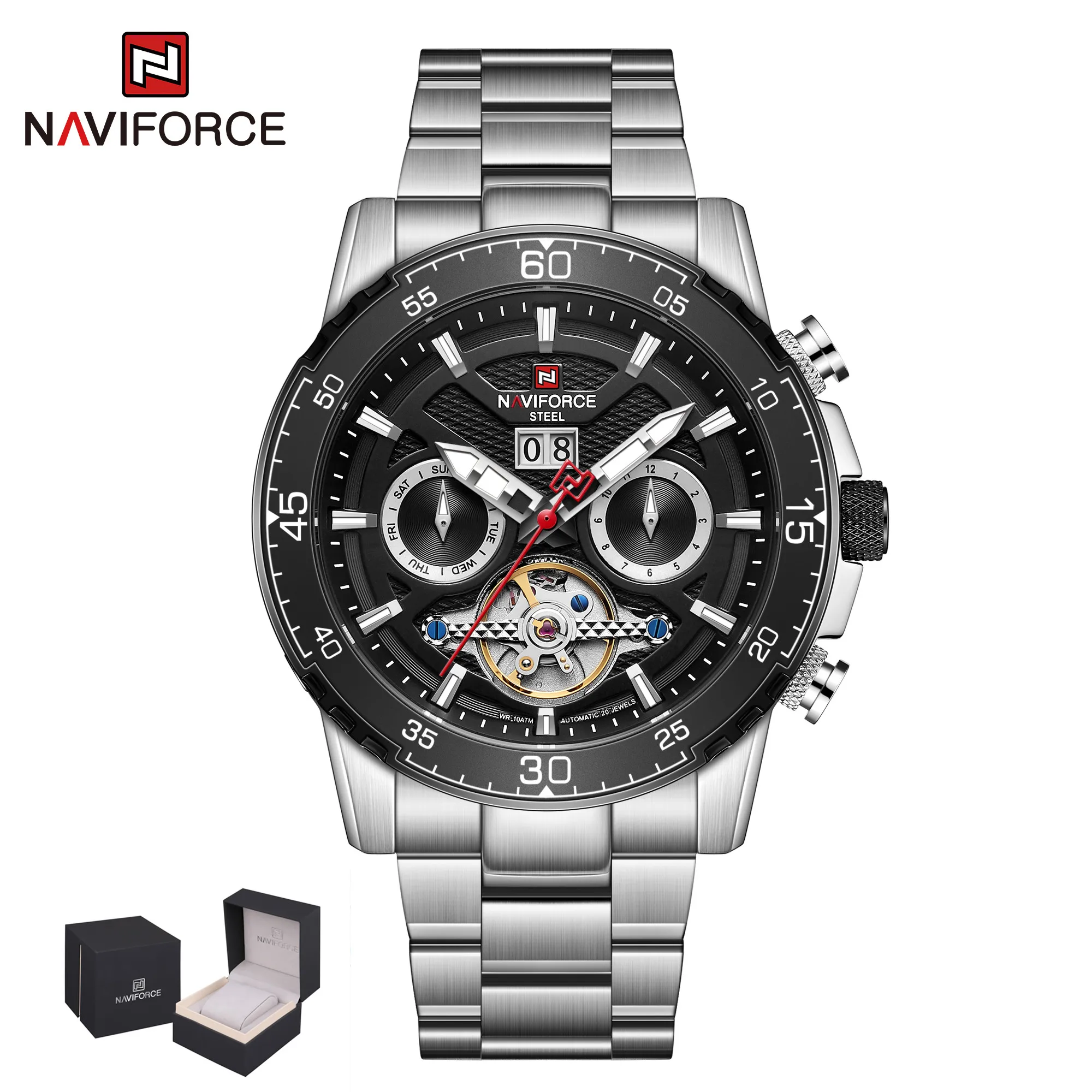 

NAVIFORCE Men Aotumatic Mechanical Watch Waterproof Stainless Steel Wristwatch Date Week Month Display Luxury Reloj Hombre 2021