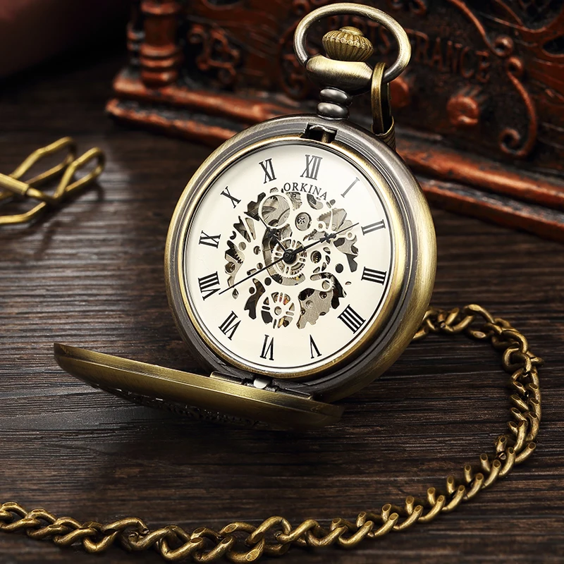 Классические ретро карманные часы Мужские механические ручные с скелетом