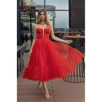 red prom dresses tea length a line tulle strapless with belt evening formal gowns special occasion cocktail ceremonydresses