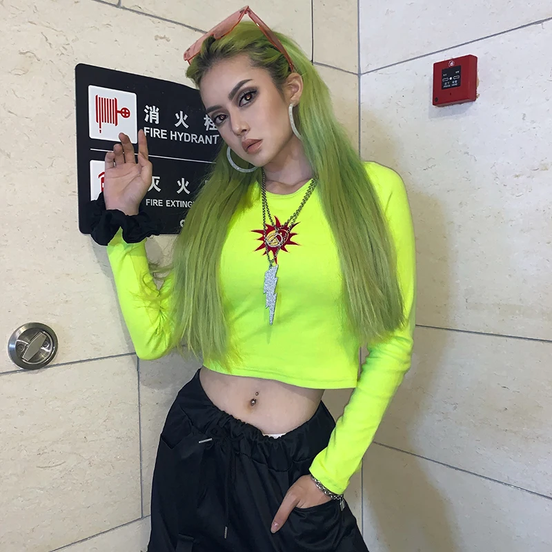 HEYounGIRL Базовая футболка с длинными рукавами Женская Повседневная футболка с вышивкой Harajuku Хлопковая женская неоновая зеленая футболка Женская Осенняя