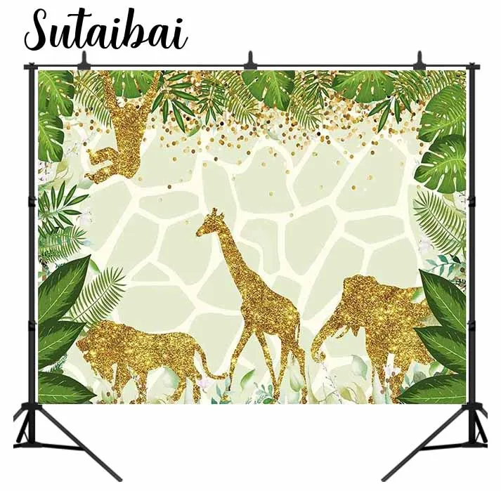 

Jungle Theme Birthday Party Backdrop Golden Glitter Wild One Animals Photography Background Summer Tropical Leaves Baby Shower