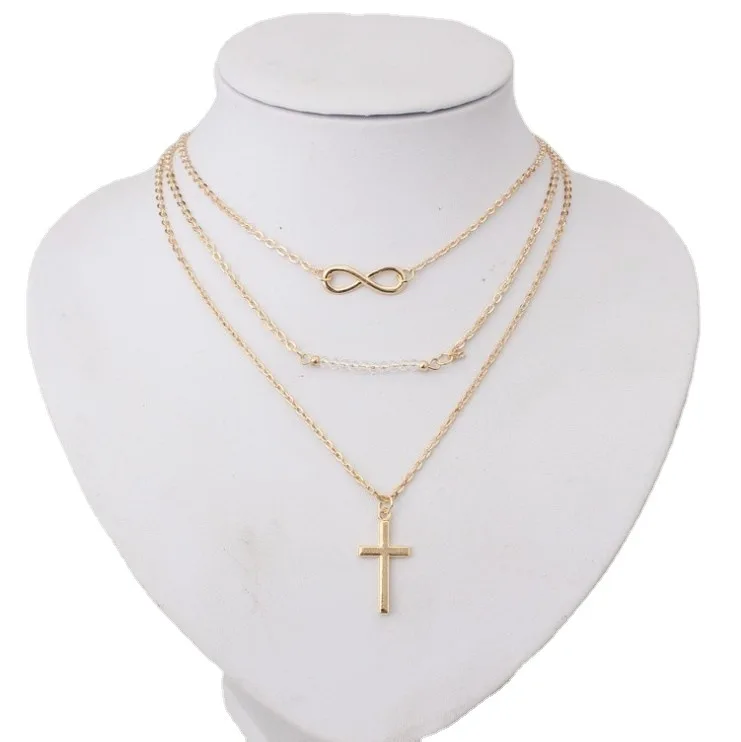 

European and American cross border jewelry exaggerated fashion temperament multi-layer metal 8-shaped clavicle chain rice beads