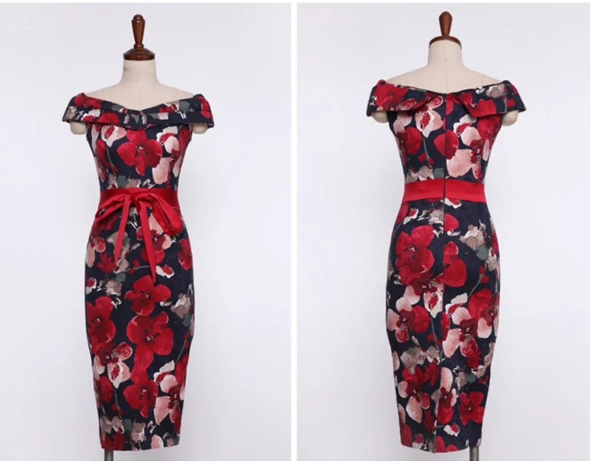 

New 2020 Flower Summer Dress Women's Off The Shoulder Slash Neck Red Rose Floral Print Sundress Party Dress