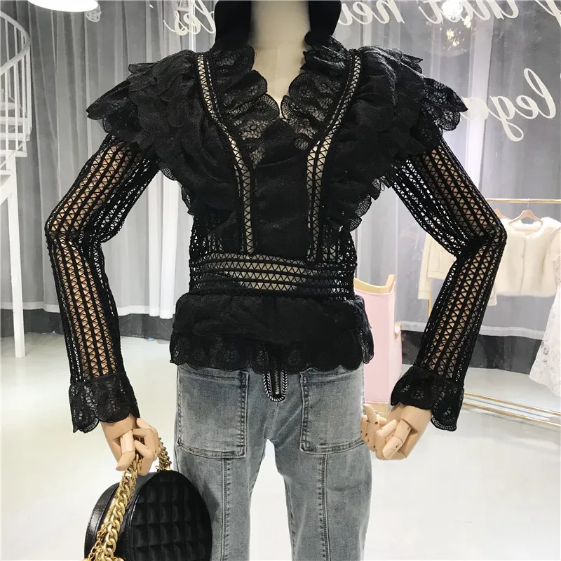 Кружевные рубашки с ажурным крючком тонкие блузки длинными рукавами и оборками в