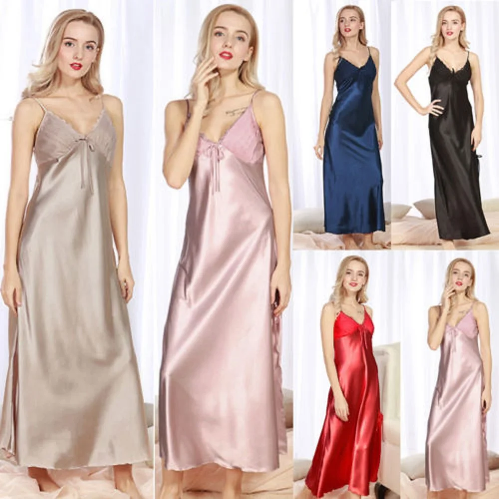 Женская атласная шелковая длинная ночная рубашка нижнее белье юбка ночные
