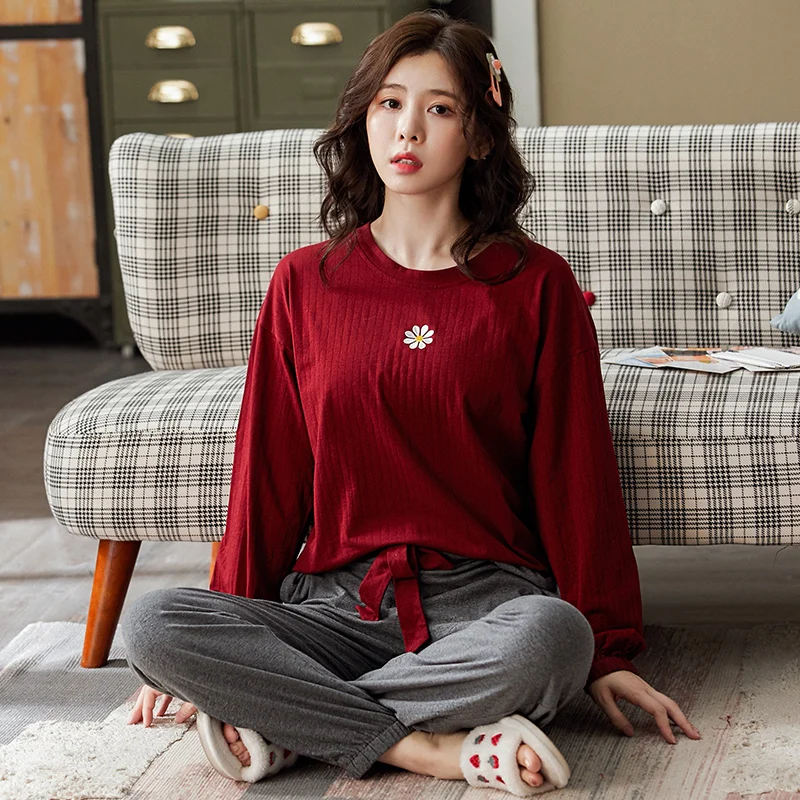 Осенняя женская пижама для девочек хлопковая одежда сна Длинная однотонная