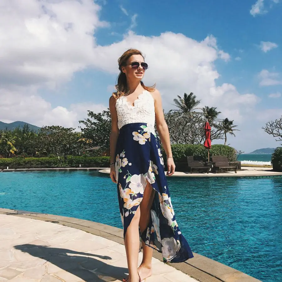 

Female V-Neck DressÂ Bud Silk PrintingÂ Condole Belt Backless HolidayÂ The Beach VentedÂ Long SkirtÂ Tall Waist Leisure Chiffon Dress