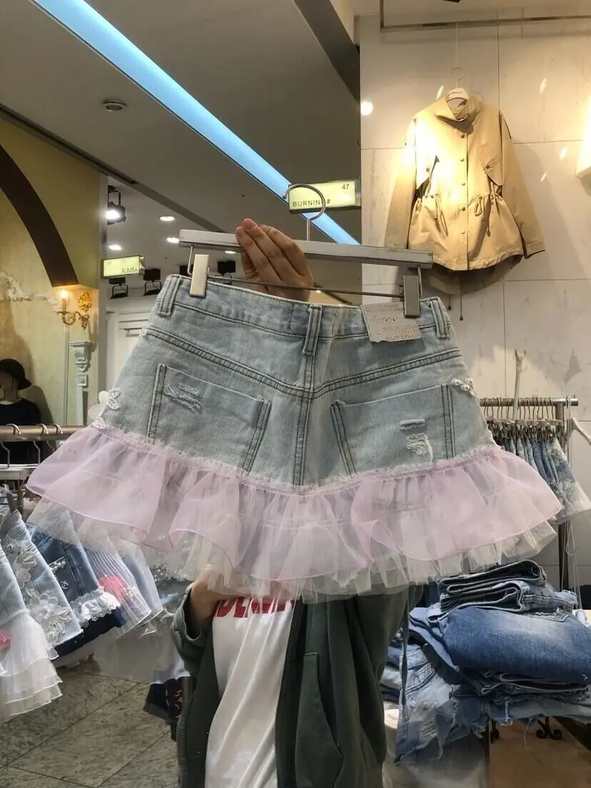 

Fashion new Korean version of heavy industry mesh yarn lace flower beaded high waist wide leg denim shorts
