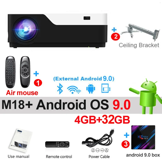 WZATCO 1920x1080P Android 9,0 wifi поддержка AC3 4K 200 дюймов Full HD 1080P светодиодный проектор видео проектор для домашнего кинотеатра 5500 люмен - Цвет: M18 32GB Android 9 B