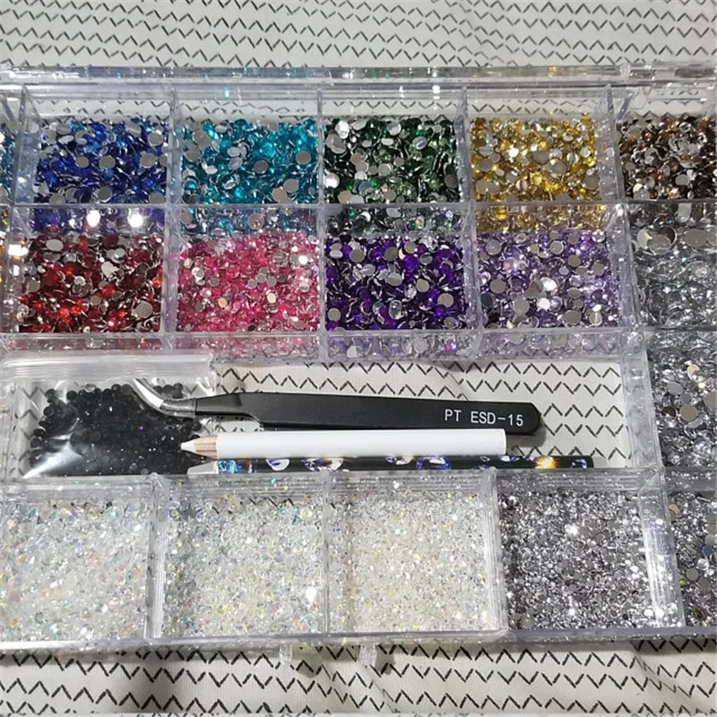 

Ss6 2mm nail Bling Box Total Approx.40000pc Rhinestones Gem kit with tools and tray 20 Color AB Crystal Flat Back Nail Diamond