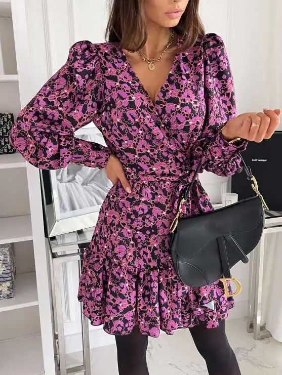 

spring female Dress legant V-neck print long sleeve short Dress Fashion ruffled lace-up women Dress High waist bohemian