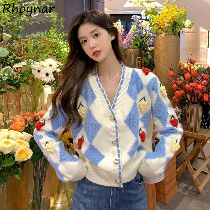 

Cardigan Women Vintage Sweet Classy Sweaters Aesthetic Autumn V-neck Argyle Long Sleeve Streetwear Harajuku Ins Female New Hot