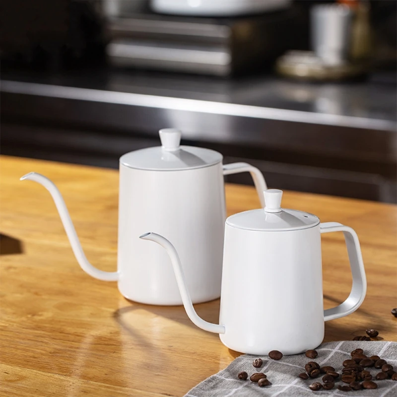 

350/600ml White Coating Stainless Steel Coffee Kettle Long Narrow 5mm Gooseneck Spout Pour Over Thin Mouth Retro Tea Pot with L