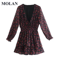 molan fashion print woman dress plus new chiffon long sleeve vintage casual long dress retro female stylish vestido