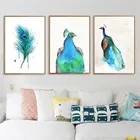 Акварельная картина с павлином, зеленым и синим перьями, постер на холсте, картина, настенное искусство, украшение для гостиной и дома