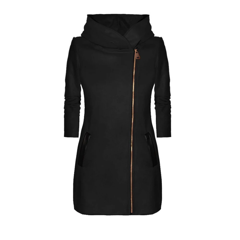 Куртка женская однотонная с длинным рукавом пальто на молнии капюшоном стильное