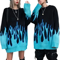 women men autumn loose knitwear unisex casual style flame pattern long sleeve o neck sweater winter couples clothes