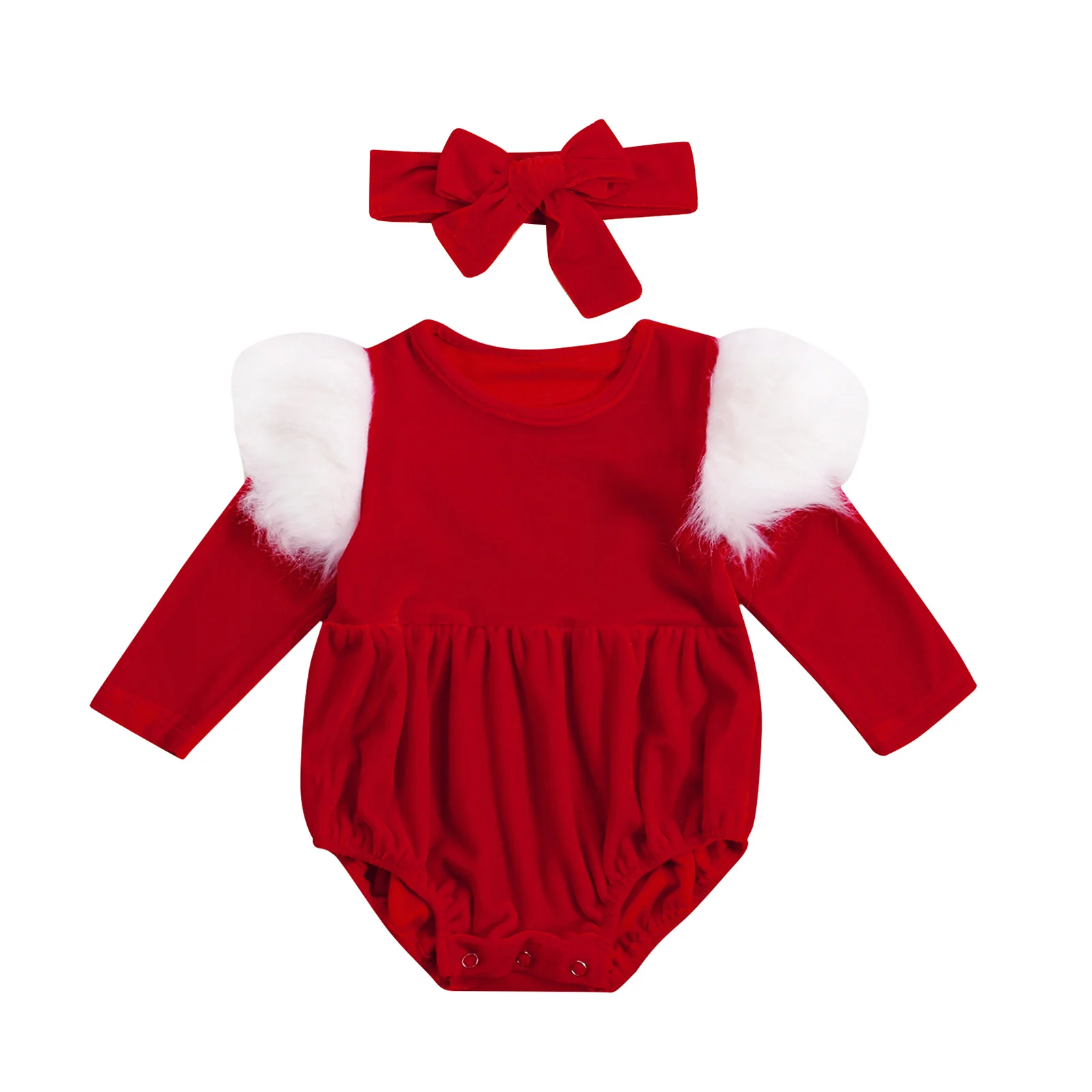 

Baby's Clothes Toddler Girls Fall Outfits Faux Fur Ruffle Trim Long Sleeve Romper With Headband Children's Clothing Set 2Pcs