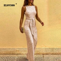 office lady sexy sleeveless sequin romper jumpsuit women backless long pants club glitter playsuits elegant shiny belt overalls