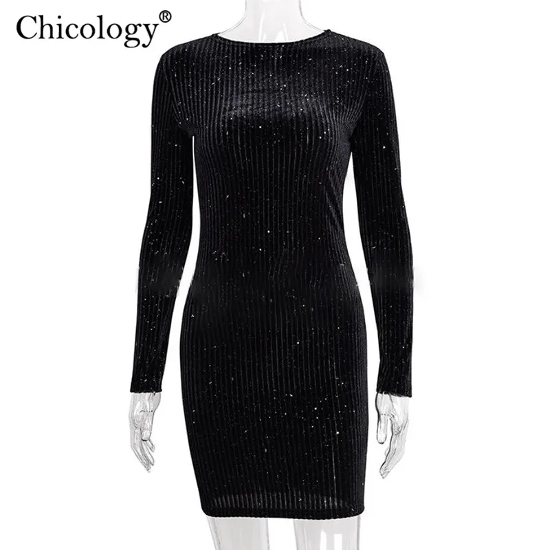 Chicology Блеск Длинные рукава элегантное ребристые Мини платье для женщин bodycon